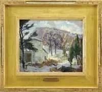 Frederick L. Sexton, House by the Cliffs, Oil on board Winter scene shows a white house with snow covered ground leading to rock cliffs