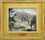 Frederick L. Sexton, House by the Cliffs, Oil on board Winter scene shows a white house with snow covered ground leading to rock cliffs