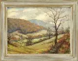 Fern Isabel Kuns Coppedge, Now in November, Oil on canvasboard scene shows a valley with houses and fields below green hills