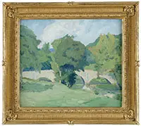 Grace G. Batchelor, On the Brandywine, Oil on canvasboard bucolic summer landscape scene with bridge and trees