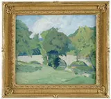Grace G. Batchelor, On the Brandywine, Oil on canvasboard bucolic summer landscape scene with bridge and trees