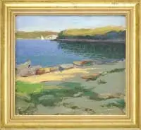 Harry Edward Stinson, Summer Sail, Oil on canvas Summer landscape shows calm water with a lone sailboat with a foreground of rocks, sand and grass