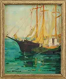 Jane Peterson, Gloucester Harbor Sketch, Oil on board sketch of two schooners on green water