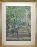 Jane Peterson, Along the Boston Street, Gouache scene shows three figures on a driveway area lined with streetlights near an arched stone bridge