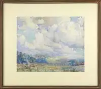 William Jurian Kaula, Building Clouds Over Landscape, Watercolor scene shows an accumulation of cumulus clouds on a Summer day over a hilly landscape
