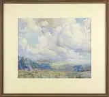 William Jurian Kaula, Building Clouds Over Landscape, Watercolor scene shows an accumulation of cumulus clouds on a Summer day over a hilly landscape