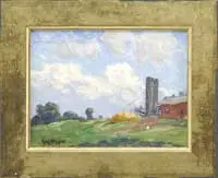 Summer Farm by Guy Carleton Wiggins, Oil on canvasboard scene shows a run down farm on the edge of a green field under white clouds and blue sky, sold Aug 2012