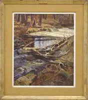 Ken Gore, The Log Jam, Oil on canvas laid to masonite scene shows a small stream choked with logs