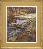 Ken Gore, The Log Jam, Oil on canvas laid to masonite scene shows a small stream choked with logs