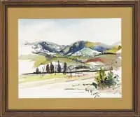 Loïs Mailou Jones, Landscape, Watercolor on paper scene shows a long house at the base of small hills with streaks of color