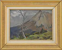 A Storm Beyond Skoki Mountain by Belmore Browne, Oil on board scene shows gray clouds beyond mountain peak with grass and singular tree foreground, sold Aug 2012
