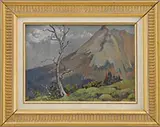 Belmore Browne, A Storm Beyond Skoki Mountain, Oil on board scene shows gray clouds beyond mountain peak with grass and singular tree foreground