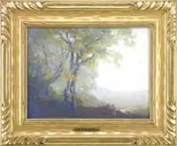 William C. Emerson, Morning Mist, Oil on board scene shows three wood nymphs frolicking on the edge of woods with hills beyond