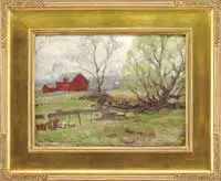 John Newton Howitt, The Red Barn, Oil on canvasboard landscape scene shows a connected red barn with farmyard having grass pasture with fence and trees