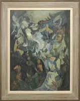 Wesley Lea, Children on Adam, Oil on masonite abstract scene shows various figures hidden amongst colorful abstract shapes