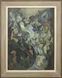 Wesley Lea, Children on Adam, Oil on masonite abstract scene shows various figures hidden amongst colorful abstract shapes