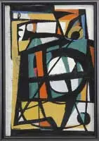 Miron Sokole, The Call, Oil on canvas abstract scene shows a design in bold black with green, orange, blue, and white