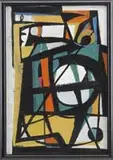 Miron Sokole, The Call, Oil on canvas abstract scene shows a design in bold black with green, orange, blue, and white
