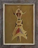 Abstraction, 1953 by Francesco Di Cocco, Oil on canvasboard abstract scene shows a central vertical shape against a medium brown background, sold Aug 2012