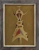 Francesco Di Cocco, Abstraction, 1953, Oil on canvasboard abstract scene shows a central vertical shape against a medium brown background