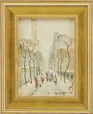 Guy Carleton Wiggins, New York Street Scene, Watercolor on paper New York street scene shows 8 figures walking down a lane with trees towards large buildings