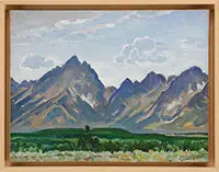 Paul Bransom, Jackson Hole Wyoming, Oil on canvas scene shows mountain range with grassland in foreground