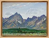 Paul Bransom, Jackson Hole Wyoming, Oil on canvas scene shows mountain range with grassland in foreground