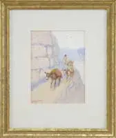 Edwin Willard Deming, Pack Mules on a Cliff Side Trail, Gouache western scene shows three mules laden with packs driven by a Native American along a cliff side path