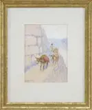 Edwin Willard Deming, Pack Mules on a Cliff Side Trail, Gouache western scene shows three mules laden with packs driven by a Native American along a cliff side path