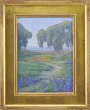 William Vallentine Dorsey, California Landscape with Lupines & Poppies, Oil on canvas scene shows tall trees interspersed with a field of orange and blue flowers