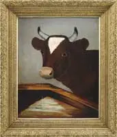 Watering Cow by Unsigned, Folk art oil on canvas scene shows a cow next to a watering troth. The cow is shown from shoulders up, sold Aug 2012