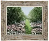 Patrick Antonelle, Time Began in a Garden, Acrylic on canvas. Bright impressionistic Summer scene with mother and child walking through opulent gardens