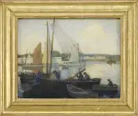 Henry Wilson Irvine, Harbor at Concarneau, Brittany, Fabulous pastel on paper harbor scene shows several colorful boats with figures in a calm harbor with town view beyond
