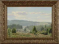 Rasmus Larsen, Panoramic Landscape Scene, Oil on canvas. Foreground evergreens lead into misty panoramic view of field and forest