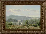 Rasmus Larsen, Panoramic Landscape Scene, Oil on canvas. Foreground evergreens lead into misty panoramic view of field and forest