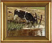Gunnar Bundgaard, At the Watering Hole, Oil on Canvas. Finely modeled single cow in summer pasture drinks at a meandering stream