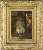 A. Stanick, Sleeping Friar, Oil on wood panel scene shows a man with light gray robe dozing after putting his book down in a library setting