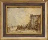 Elaine de Kooning, Along the City Canal, Oil on wood panel impressionistic scene shows a canal with boats with boulevard and tall buildings under a light sky