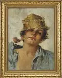 V. Lombardi, Young Smokers, A pair of oil on canvas/board half portraits of young boys, one smoking a cigarette and the other a pipe
