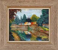 Joseph Unger, Along the Canal, Oil on canvasboard scene shows a canal with houses and trees lining the far bank