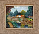 Joseph Unger, Along the Canal, Oil on canvasboard scene shows a canal with houses and trees lining the far bank