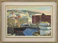 C. Ivar Gilbert, Harbor Sundown, Oil on board harbor scene shows several schooners at dock next to large colorful buildings with town and hills beyond