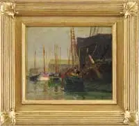 Walter Lofthouse Dean, The Busy Harbor, Oil on masonite harbor scene shows several schooners docked alongside boat