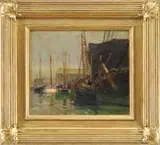 Walter Lofthouse Dean, The Busy Harbor, Oil on masonite harbor scene shows several schooners docked alongside boat