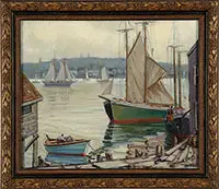 Carol Hayden, New England Harbor Scene, Oil on canvas. Foreground wharf opens onto harbor inlet with lobstermen and dory along with various sailing vessels