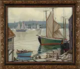 Carol Hayden, New England Harbor Scene, Oil on canvas. Foreground wharf opens onto harbor inlet with lobstermen and dory along with various sailing vessels