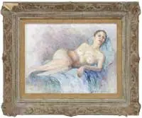 Lottie Meyer Catok, Reclining Nude, Oil on canvas scene shows a nude woman reclining on a teal green cloth