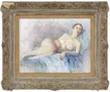 Lottie Meyer Catok, Reclining Nude, Oil on canvas scene shows a nude woman reclining on a teal green cloth