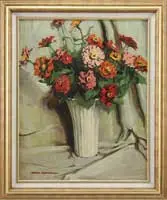 Harry Everett Townsend, Zinnias, Oil on canvasboard shows a white vase filled with colorful red, pink and orange Zinnias