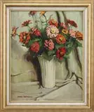 Harry Everett Townsend, Zinnias, Oil on canvasboard shows a white vase filled with colorful red, pink and orange Zinnias